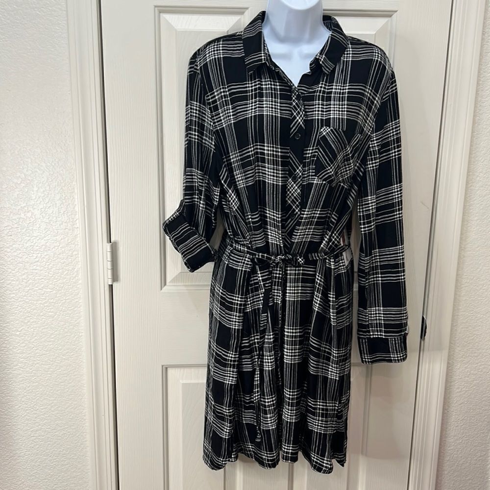 BLL Nyc Woman’s Large Black White Plaid Dress Button Front Tie Belt Pocket New